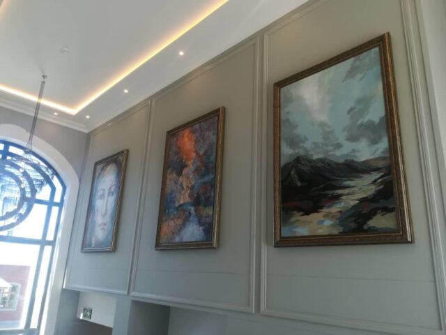 Large abstract cold wax paintings by Leonie E. Brown installed in the Am Weinberg Hotel foyer, Namibia Large abstract cold wax paintings by Leonie E. Brown installed in the Am Weinberg Hotel foyer, Namibia