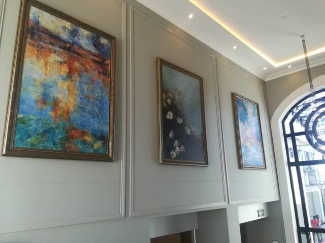 Large abstract cold wax paintings by Leonie E. Brown installed in the Am Weinberg Hotel foyer, Namibia Large abstract cold wax paintings by Leonie E. Brown installed in the Am Weinberg Hotel foyer, Namibia
