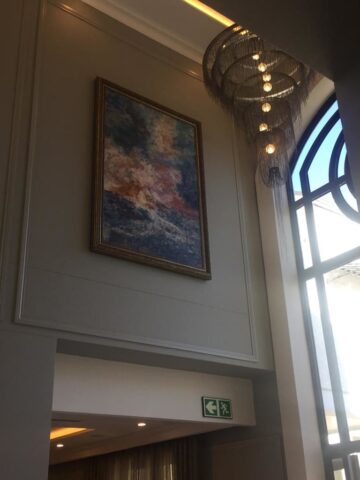 Large abstract cold wax paintings by Leonie E. Brown installed in the Am Weinberg Hotel foyer, Namibia Large abstract cold wax paintings by Leonie E. Brown installed in the Am Weinberg Hotel foyer, Namibia