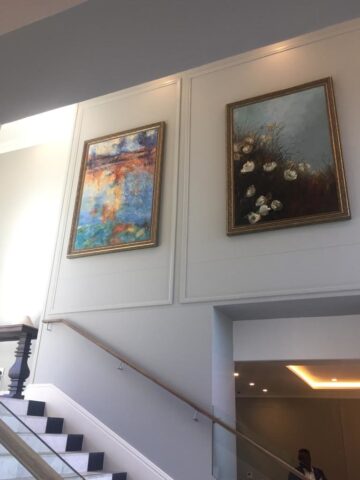 Large abstract cold wax paintings by Leonie E. Brown installed in the Am Weinberg Hotel foyer, Namibia Large abstract cold wax paintings by Leonie E. Brown installed in the Am Weinberg Hotel foyer, Namibia