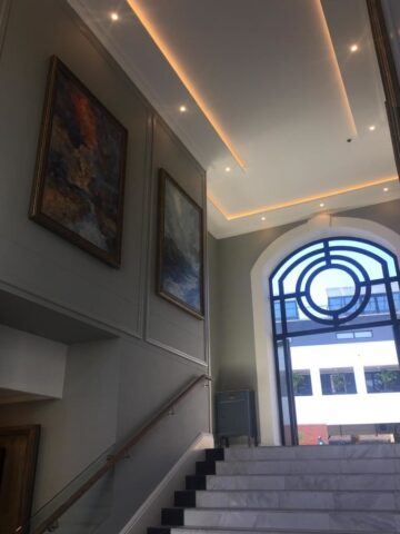 Large abstract cold wax paintings by Leonie E. Brown installed in the Am Weinberg Hotel foyer, Namibia Large abstract cold wax paintings by Leonie E. Brown installed in the Am Weinberg Hotel foyer, Namibia