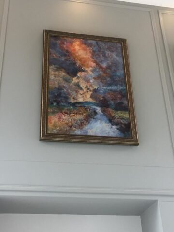 Large abstract cold wax paintings by Leonie E. Brown installed in the Am Weinberg Hotel foyer, Namibia Large abstract cold wax paintings by Leonie E. Brown installed in the Am Weinberg Hotel foyer, Namibia