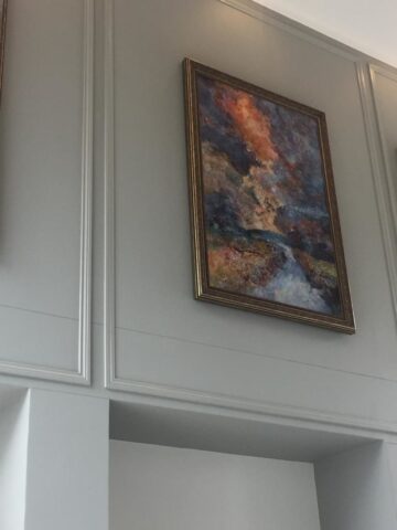 Large abstract cold wax paintings by Leonie E. Brown installed in the Am Weinberg Hotel foyer, Namibia Large abstract cold wax paintings by Leonie E. Brown installed in the Am Weinberg Hotel foyer, Namibia