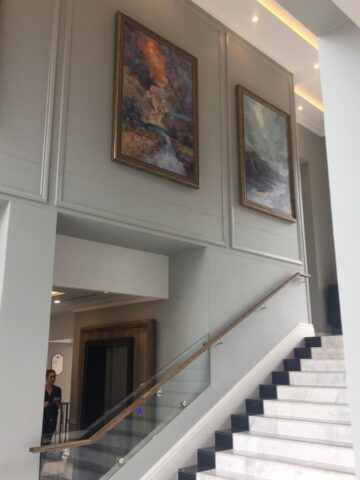 Large abstract cold wax paintings by Leonie E. Brown installed in the Am Weinberg Hotel foyer, Namibia Large abstract cold wax paintings by Leonie E. Brown installed in the Am Weinberg Hotel foyer, Namibia