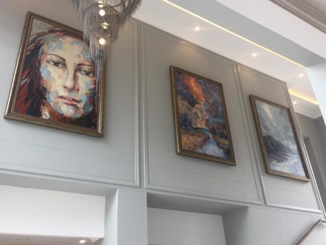 Large abstract cold wax paintings by Leonie E. Brown installed in the Am Weinberg Hotel foyer, Namibia Large abstract cold wax paintings by Leonie E. Brown installed in the Am Weinberg Hotel foyer, Namibia