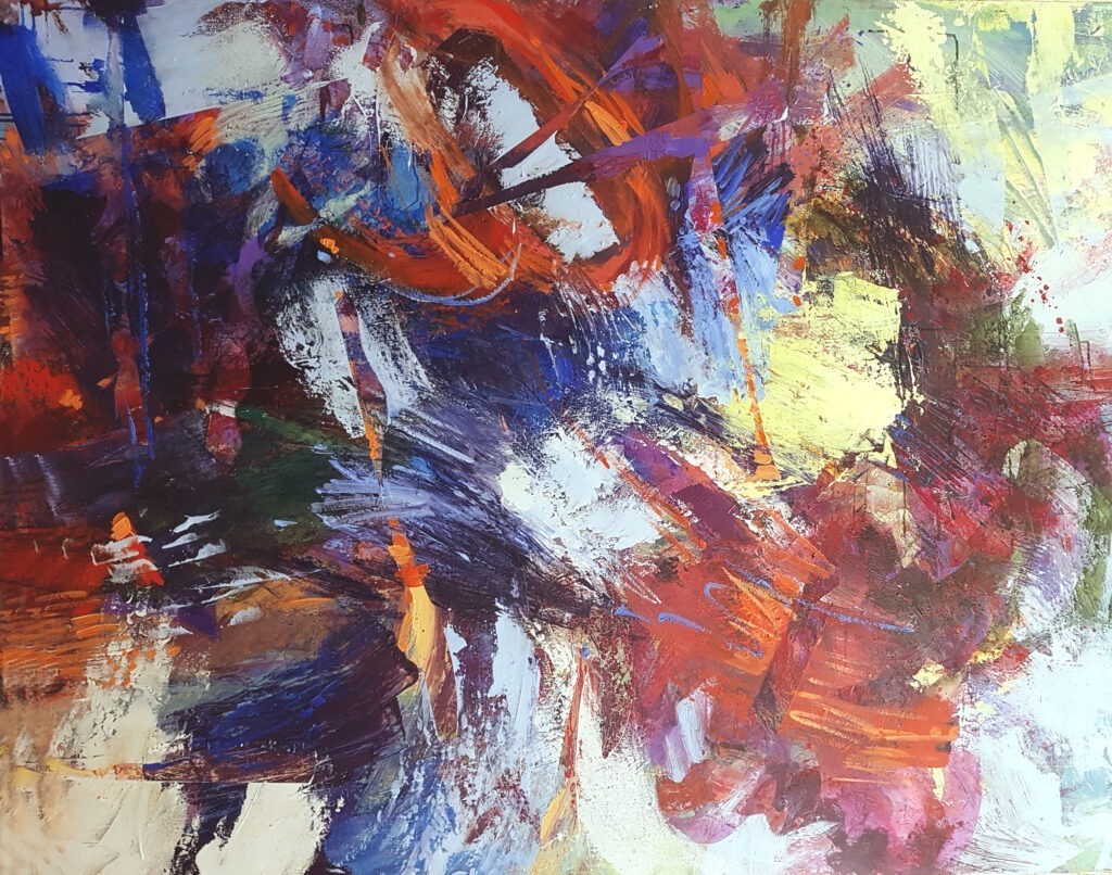 Abstract expressionist painting titled "Grasping Life" featuring bold brushstrokes, vivid colors, raw emotion.