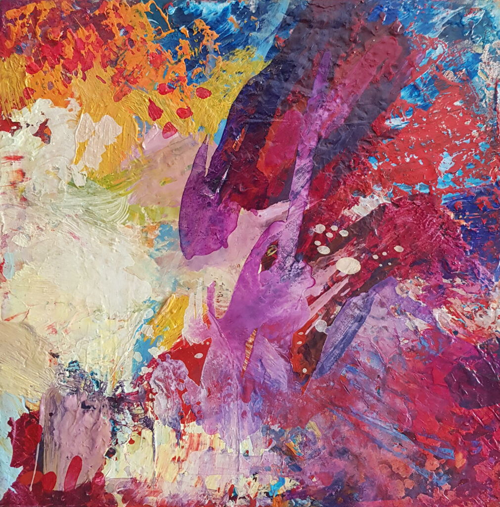 The image depicts an abstract expressionist painting with vibrant colors and energetic brushstrokes. It showcases a dynamic composition with bold swaths of red, pink, orange, purple and blue hues intermingled in a tapestry-like manner. The paint application ranges from thick, textured impasto to thin, fluid strokes, creating a sense of movement and depth. The overall effect evokes a lively, emotional and expressive quality characteristic of the abstract expressionist style.
