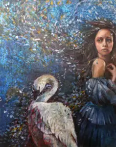 Painting "I will die for you" by Leonie E. Brown depicting a young girl embracing a wounded swan against abstract swirling brushstrokes