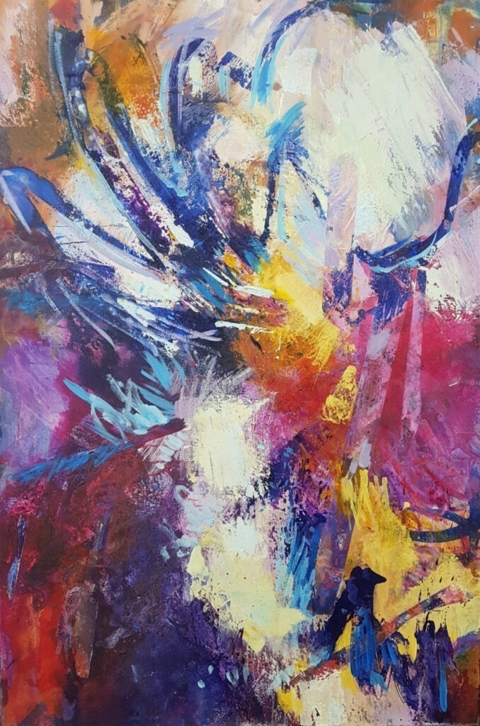 A vibrant abstract expressionist painting featuring a dynamic interplay of bold brushstrokes and a captivating color palette that ranges from fiery reds and oranges to cool blues and purples.