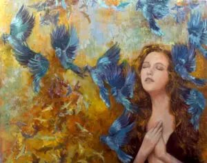 Young woman with closed eyes, hands on her chest, surrounded by blue doves, on a gold background - painting by Leonie E. Brown