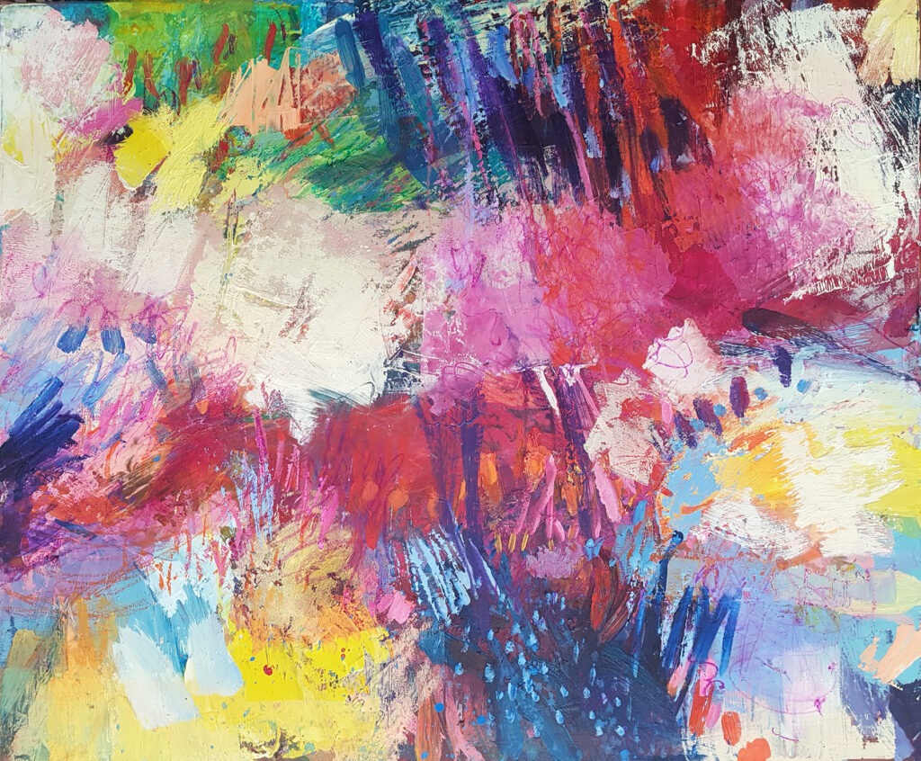 Vibrant abstract expressionist painting with dynamic brushstrokes and bold colors