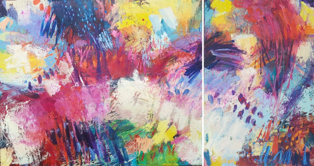 Vibrant abstract diptych painting with bold colors and dynamic brushstrokes