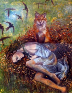 Contemporary figurative oil painting 'I will watch over you' by Leonie.e.Brown, featuring a sleeping woman in flowing white fabric nestled among autumn leaves in a forest setting, with a protective red fox sitting watchfully above her and dark birds flying overhead. Mixed media artwork combining oils, cold wax, inks, and gold leaf with rich earth tones, greens, and golden accents. Part of the Telling Stories collection exploring themes of protection, nature, and spiritual guardianship.