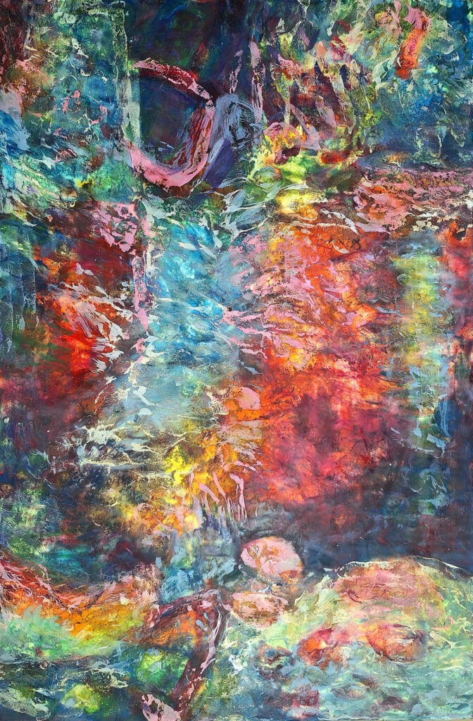 large encaustic abstract painting in turquoise, red and emerald with luminous molten wax texture