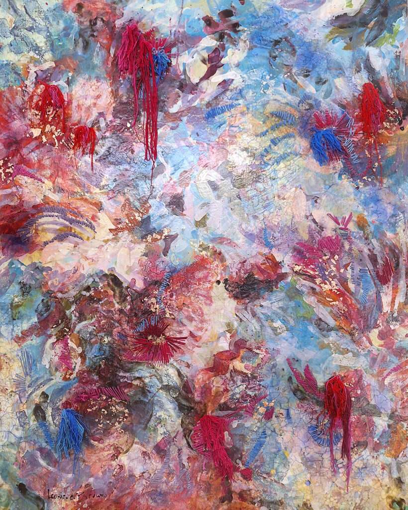 Vibrant abstract encaustic painting with red and blue threads woven through layered wax, gold leaf accents, and mixed media textures on canvas by Leonie.e.Brown