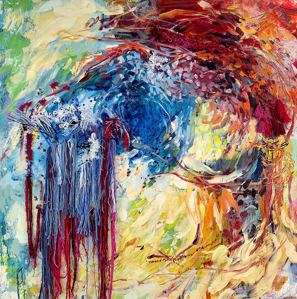 large 100 x 100 cm abstract painting in warm yellow, red and blue with cascading embroidery threads and textured cold wax surface
