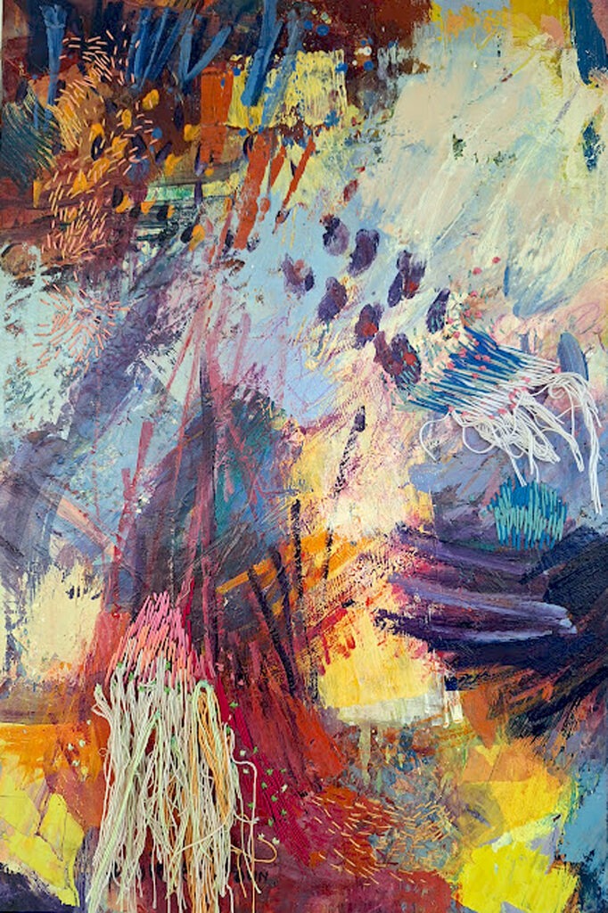 Large vibrant blue abstract painting with stitched embroidery thread and cascading white tufts on textured oil and cold wax canvas